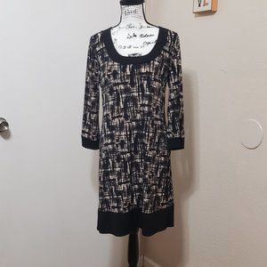 Brown, Tan & Black Shift Dress w/Wide Black Trim Neck, Sleeve & Hem By Connected